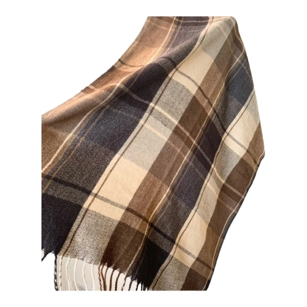 Oversized Brown Tan Plaid Blanket Scarf Wrap | Fringe Neutral Winter Shawl